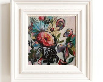 Mini Arte. Pintura acrílica abstracta floral original de 8 x 8 pulgadas. Flor liberada n.° 2