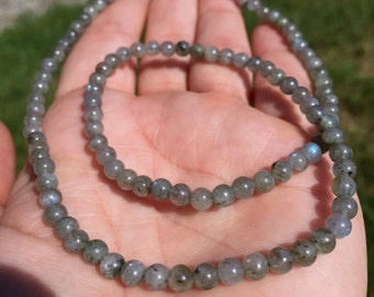 Handmade Labradorite Beaded Necklace, Round Crystal Choker, Layered Boho Jewelry, Adjustable Lengths, Genuine Gemstones