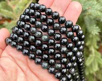 Perles rondes d'obsidienne noire 8 mm, perles pour bracelets, perles pour bracelets d'homme, pierres de guérison, perles noires polies, environ 47 perles/fil