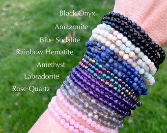 Genuine Gemstone Beaded Bracelet: Healing Crystals, Amethyst, Onyx