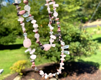 Rose Quartz Crystal Necklace: Rhodonite & Clear Quartz Beads