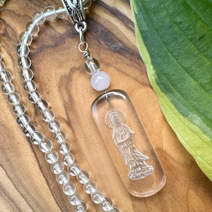Quan Yin Crystal Pendant w/Rose Quartz & Clear Quartz Crystal, (3" long) Quan Yin Goddess of Mercy, OPTION: ADD a Clear Quartz Necklace