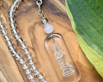 Quan Yin Crystal Pendant w/Rose Quartz & Clear Quartz Crystal, (3" long) Quan Yin Goddess of Mercy, OPTION: ADD a Clear Quartz Necklace