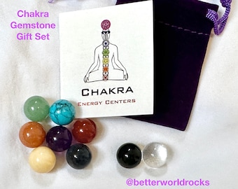 7 Chakra Stone Gift SET, Chakra Crystals, 12mm Genuine Chakra Stones, Yoga Gift, Reiki, Add Soul Star + Earth Star Chakras, w/Pouch+Card
