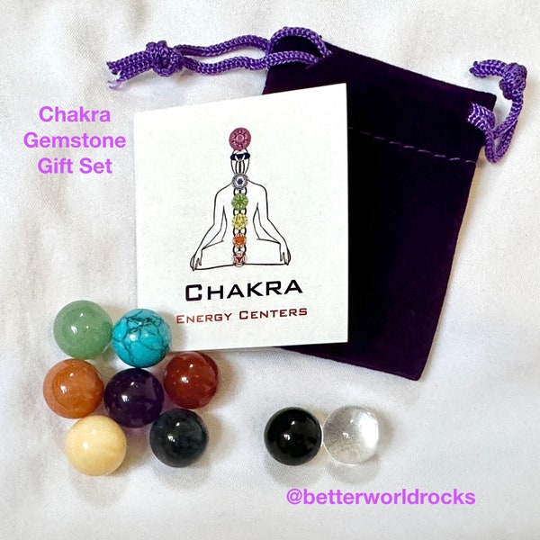 7 Chakra Stone Gift SET, Chakra Crystals, 12mm Genuine Chakra Stones, Yoga Gift, Reiki, Add Soul Star + Earth Star Chakras, w/Pouch+Card