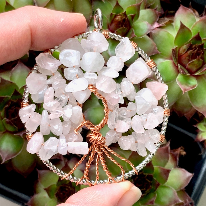 Yoga Gift Genuine Rose Quartz 2.5 inches! Inspirational Gift Rose Quartz Tree of Life Pendant Healing Jewelry Reiki Healing