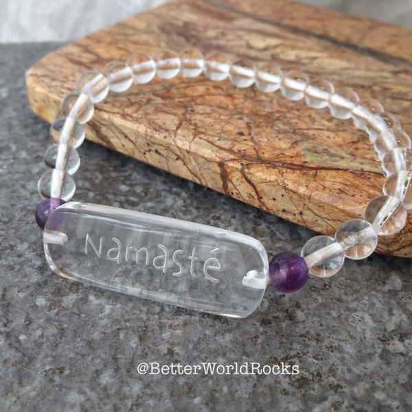 Namaste Quartz Crystal Bracelet, GENUINE Amethyst and Clear Quartz Crystal, Healing Bracelet, Chakra Bracelet, Yoga bracelet, Yoga jewelry