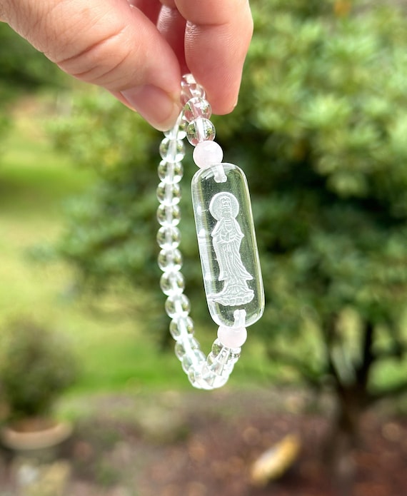 Kwan Yin Bracelet, Quan Yin Crystal Beaded Bracelet, Rose