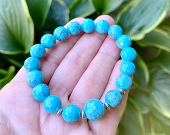 Blue Howlite Beaded Bracelet, Gift For Her, Genuine Gemstone Beads, Healing Bracelet, 10mm stones w/ 12mm center stone