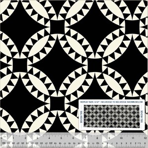 May include: Black and cream-colored fabric with a geometric pattern. The design features interlocking circles and diamond shapes. The fabric has a repeating pattern with a repeat size of 6.12 inches. The fabric is suitable for quilting and sewing projects.
