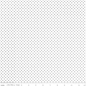May include: White fabric with a black polka dot pattern. The dots are evenly spaced and create a subtle, classic design.