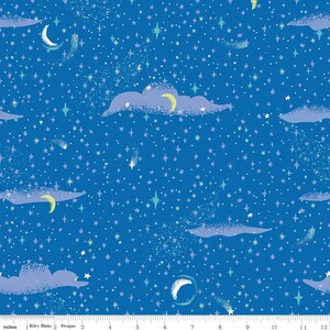 May include: A blue fabric with a repeating pattern of white stars, shooting stars, and clouds with crescent moons. The background is a deep blue color.