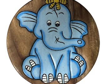 Kinderhocker Hocker Holz personalisiert Elefant Blau Motiv Tiere Schemel Stuhl bemalt bunt Kinderstuhl Namen Gravur Holzhocker Geschenk
