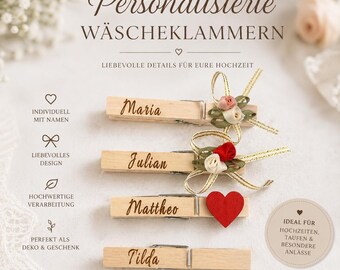 Personalisierte Wäscheklammer Hochzeit | Platzkarten mit Namen | Gastgeschenk Hochzeit | Holzklammer personalisiert | Tischdeko Hochzeit