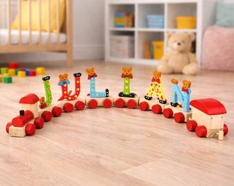Buchstabenzug aus Holz – Personalisierter Namenszug mit bunten Buchstaben & Bären – Geschenk zur Geburt, Taufe und Geburtstag