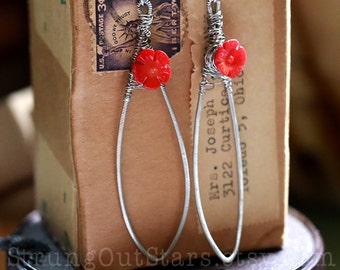 Ladybird - Strung-Out guitar string hammered feather earrings with coral