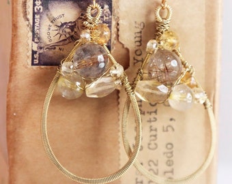 Golden - Strung-Out guitar string gold teardrop earrings with rutliated quartz and citrine