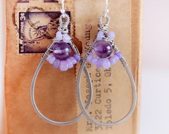 Start Wearing Purple - Strung-Out guitar string teardrop earrings with amethyst and opal