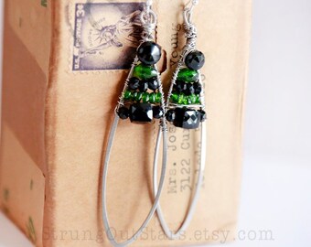 Envy - Strung-Out guitar string feather earrings with spinel tsavorite and chrome diopside