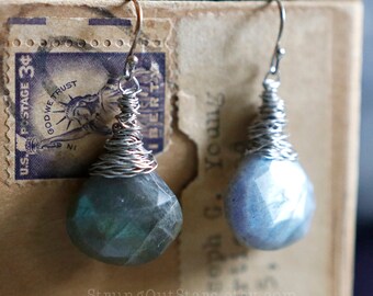 Labradorite Strung-Out guitar string earrings with faceted labradorite teardrops