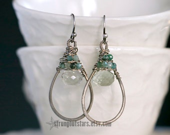 Petite Green Amethyst and Emerald Drops - Strung-Out guitar string teardrop earrings upcycled everyday earring green spring may february