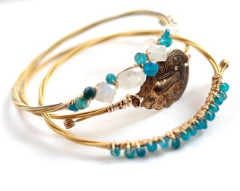 Queen of Winter - Strung-Out guitar string bangle trio with stamped brass apatite moonstone