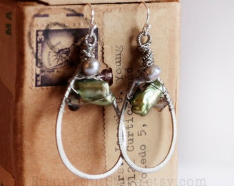 Secret Garden - Strung-Out guitar string teardrop earrings with freshwater pearl and swarovski crystal