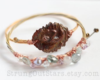 Siren Song - Strung-Out guitar string bangle duo with vintage copper repousse mermaid and treasure