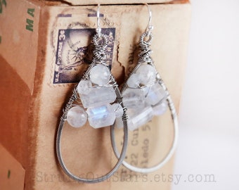 Rainbow Moonstone Strung-Out guitar string teardrop earrings