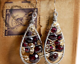 Garnet and Citrine - Strung-Out guitar string teardrop earrings