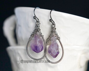 Petite Raw Amethyst Drops - Strung-Out guitar string teardrop earrings upcycled february witchy purple crystal point