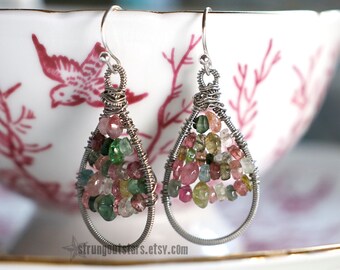 Petite Watermelon Tourmaline Drops - Strung-Out guitar string teardrop earrings upcycled everyday earring