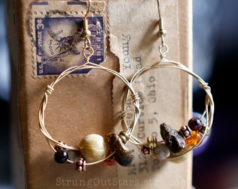 Fossil - Strung-Out guitar string bronze hoop earrings with fossil coral and amber