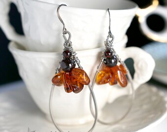 Garnet and Fossil Tree Resin Strung-Out large guitar string teardrop earrings