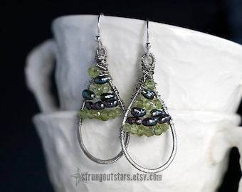 Petite Peridot and Pearl Drops - Strung-Out guitar string teardrop earrings upcycled august witchy green peacock pearl