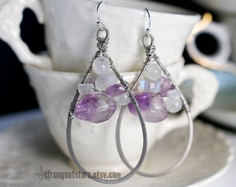 Amethyst and Rainbow Moonstone Strung-Out large guitar string teardrop earrings