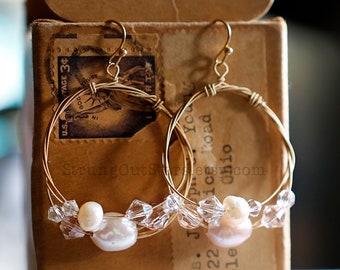 Fairy Dust - Strung-Out guitar string hoop earrings with freshwater pearl swarovski crystals