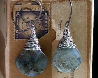 Labradorite - Strung-Out guitar string earrings with flat labradorite teardrops