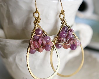 Pinky Up - Strung-Out guitar string teardrop earrings with tourmaline and pink sapphire