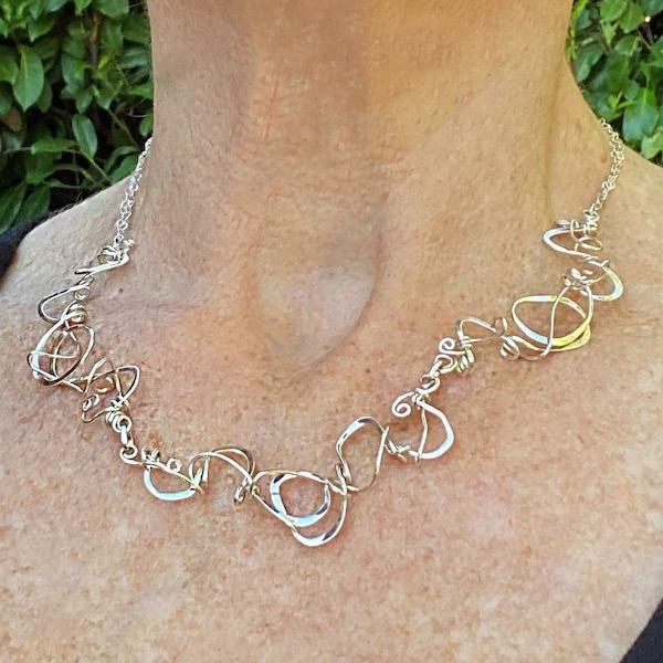 Three Link Woven Handcrafted Sterling Silver Swirly Looping Scribbles Artwear Necklace