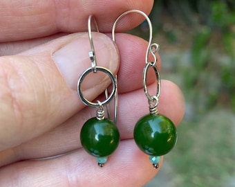 Delicate Dangle Jade Bead Earrings, Apatite Accent, Modern Unique Earwires