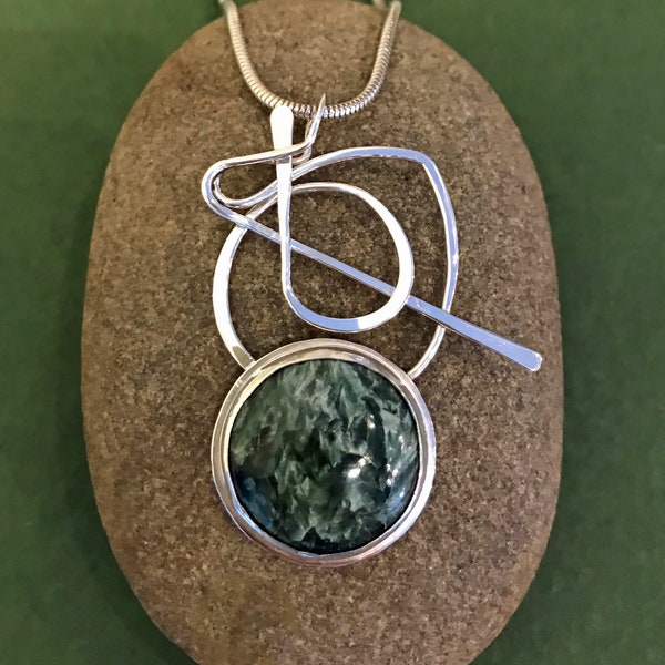 READY TO SHIP! Green Seraphinite Squiggle: One-of-a-Kind Abstract Sterling Statement Necklace by Judi Goldblatt Studio