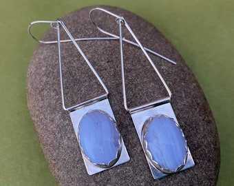 Oval Blue Lace Agate Stone and Sterling Drop Dangle Earrings