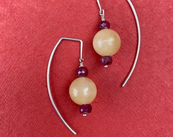 Spot Color Yellow Jade and Ruby Gem Stone Earrings, Sterling Beaded Arc Earwire Dangle Earrings