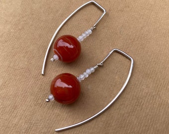 Spot Color Red Sardonyx Gem Stone Earrings, Sterling Beaded Arc Earwire Dangle Earrings