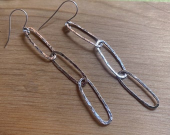 Sterling Silver Handmade Hammered Oval Three Link Dangle Earrings