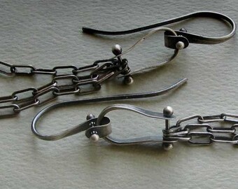 Oxidized Silver Earrings, Riveted Chain, Modern Artisan Metalsmith, Industrial Dangles,