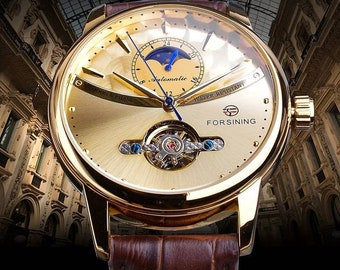 Montre mécanique Forsining pour hommes Phase de lune, montre Tourbillon décontractée confortable, choix idéal comme cadeau