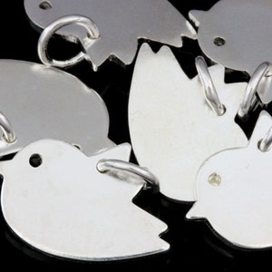 Könnte beinhalten: Ein Set aus fünf silbernen Vogelanhängern mit einer Schlaufe zum Anbringen an einer Halskette oder einem Armband. Die Anhänger haben alle die Form eines Vogels mit einem einfachen Design.