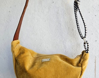 Handmade eco-friendly crossbody bag, mustard yellow velvel